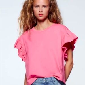 pink ruffle sleeve zara top